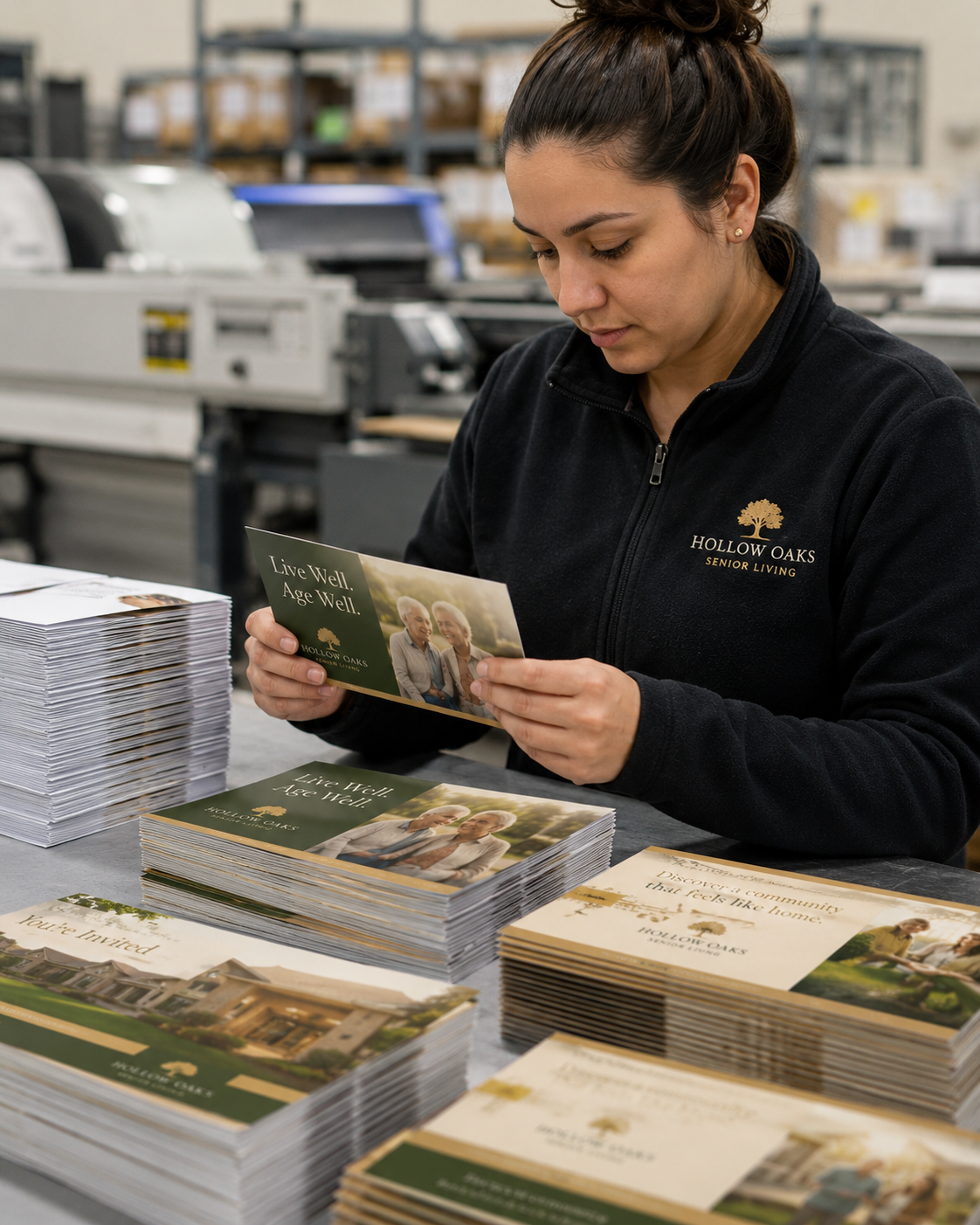 A production team member quality-checking printed marketing materials.