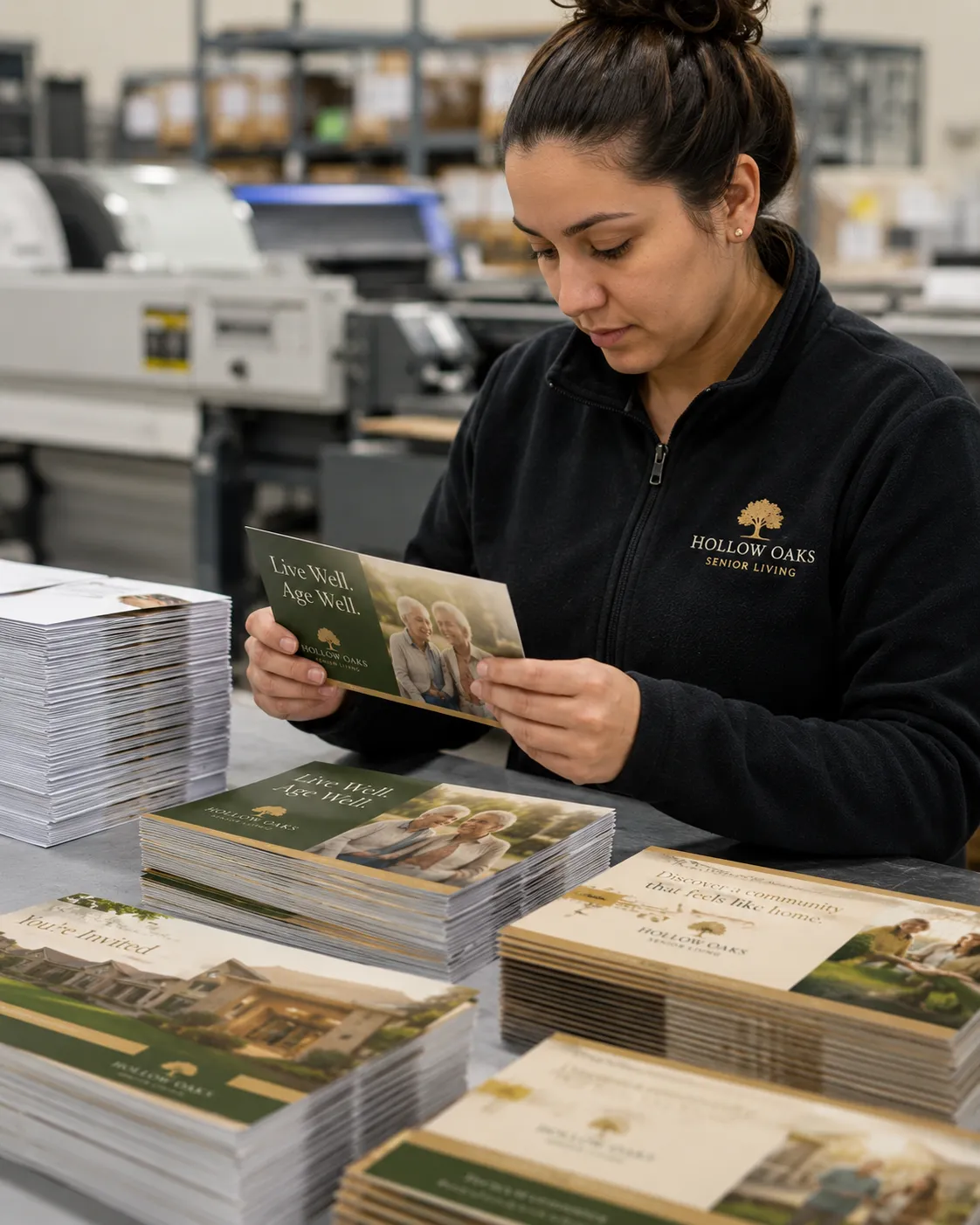 A production team member quality-checking printed marketing materials.