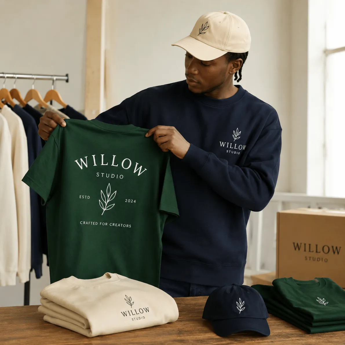 Branded apparel collection on hangers and folded tees