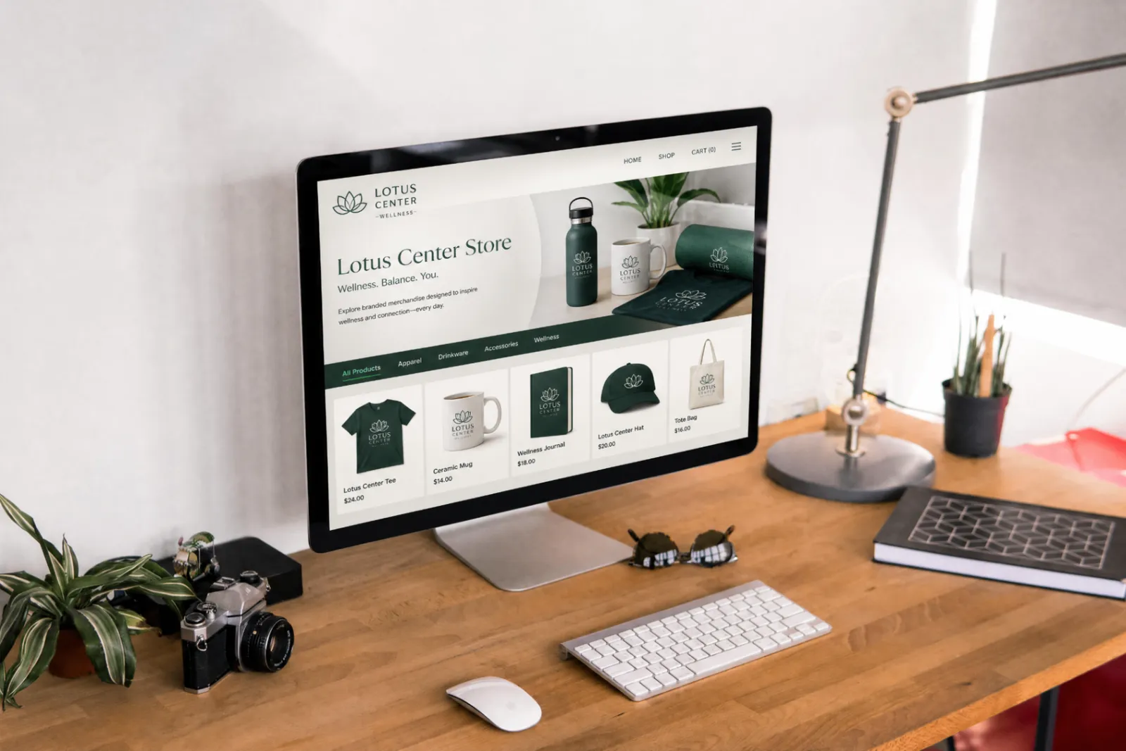 Branded company store interface shown on a desktop monitor