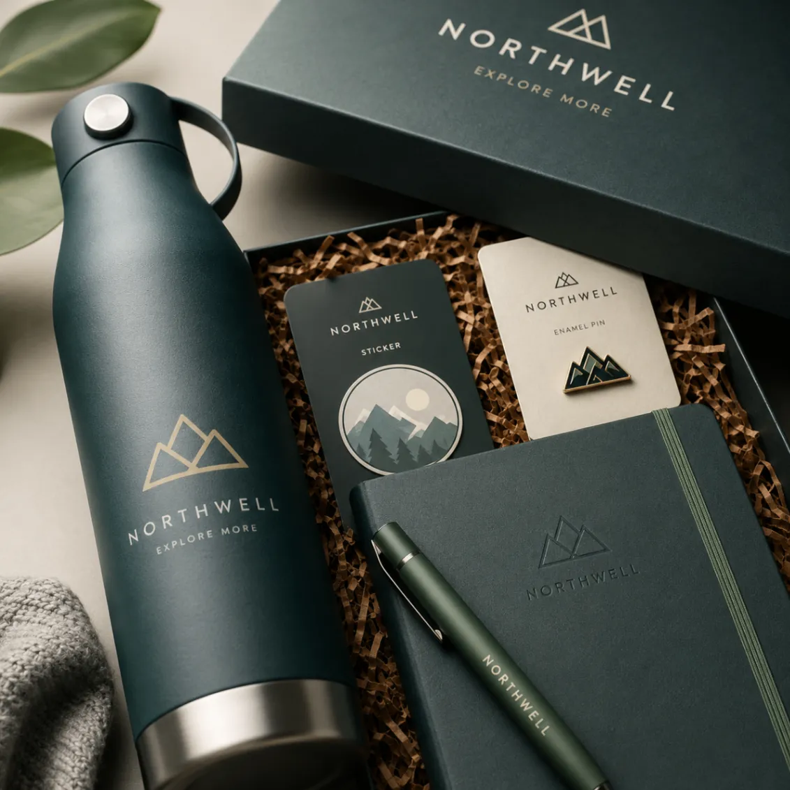 Curated client gift box with branded bottle, notebook, sticker, and pin