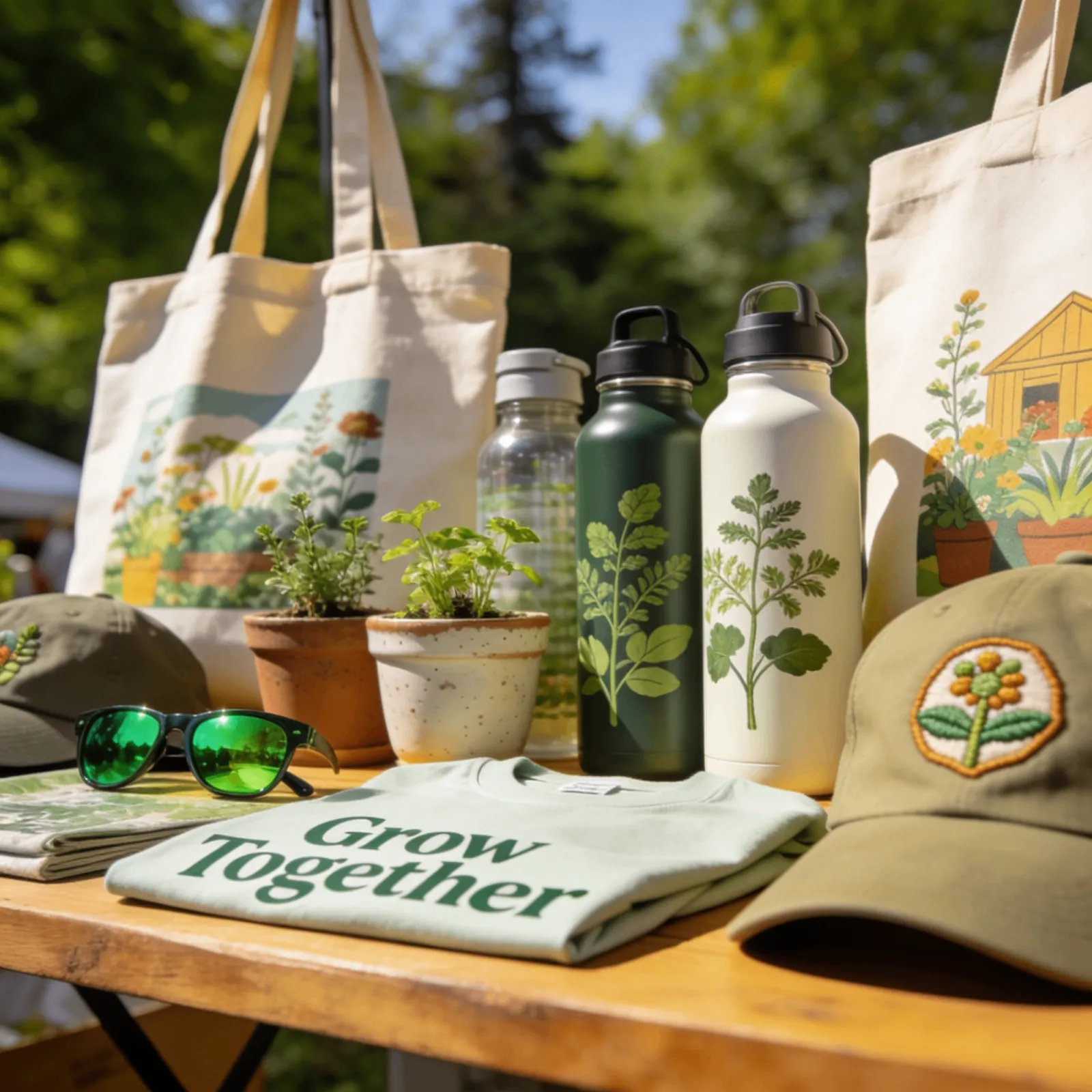 Branded drinkware, totes, and caps displayed outdoors
