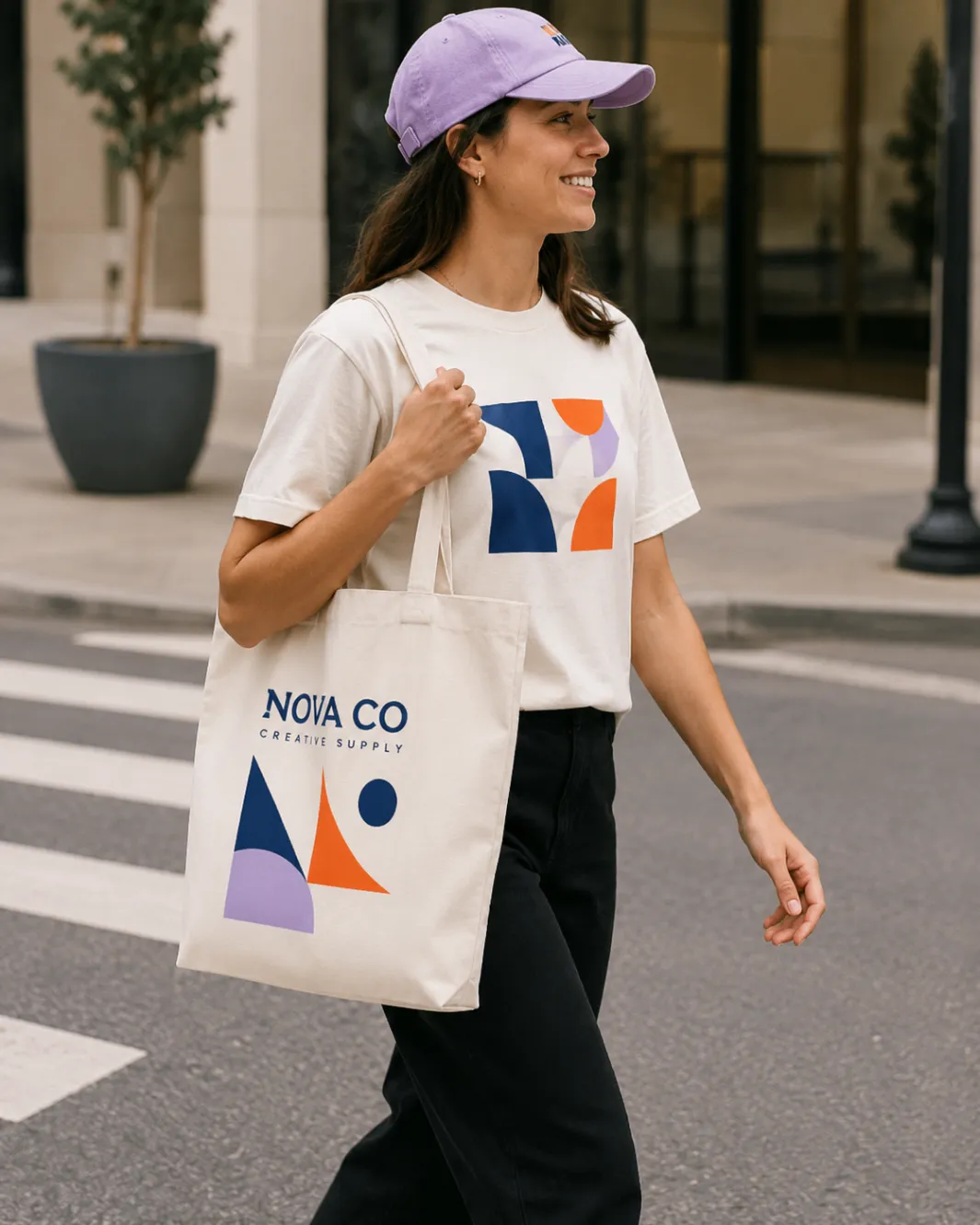 Embroidered cap and screen-printed tote with branded tee