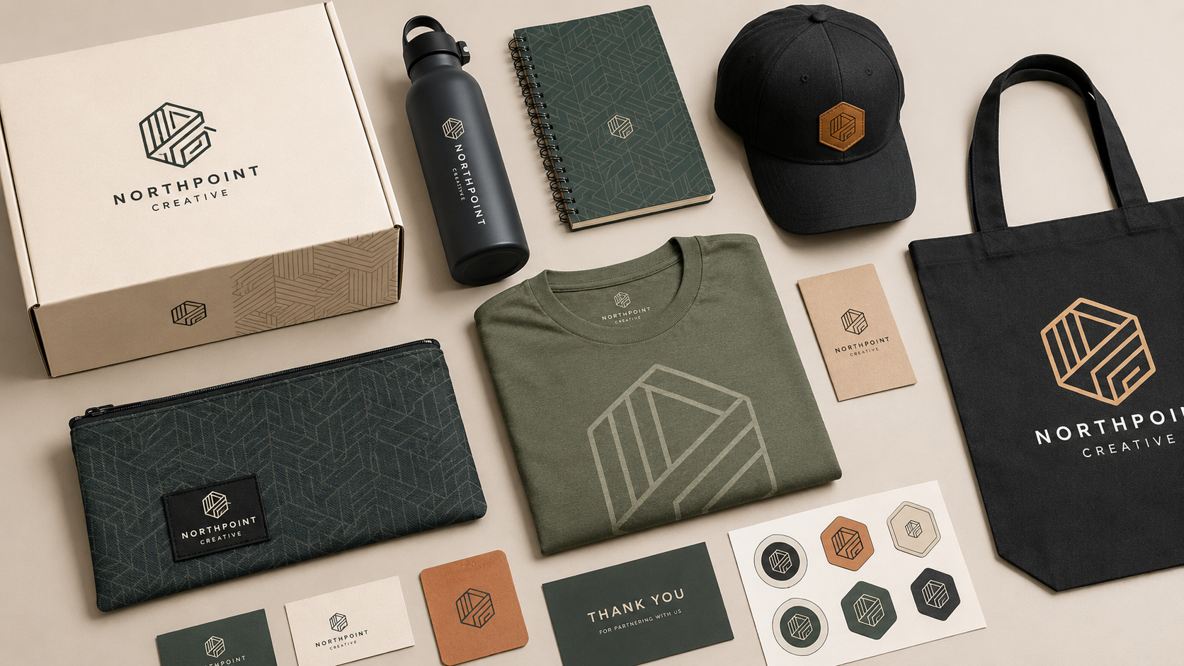 A collection of branded merchandise for Northpoint Creative, including a water bottle, notebook, cap, t-shirt, tote bag, and stickers.