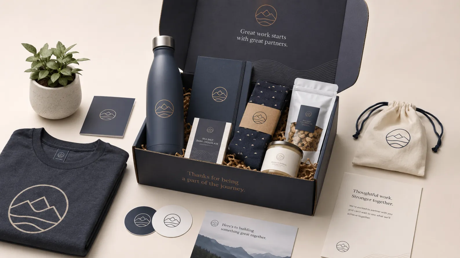 Premium employee welcome kit with apparel, drinkware, and printed cards