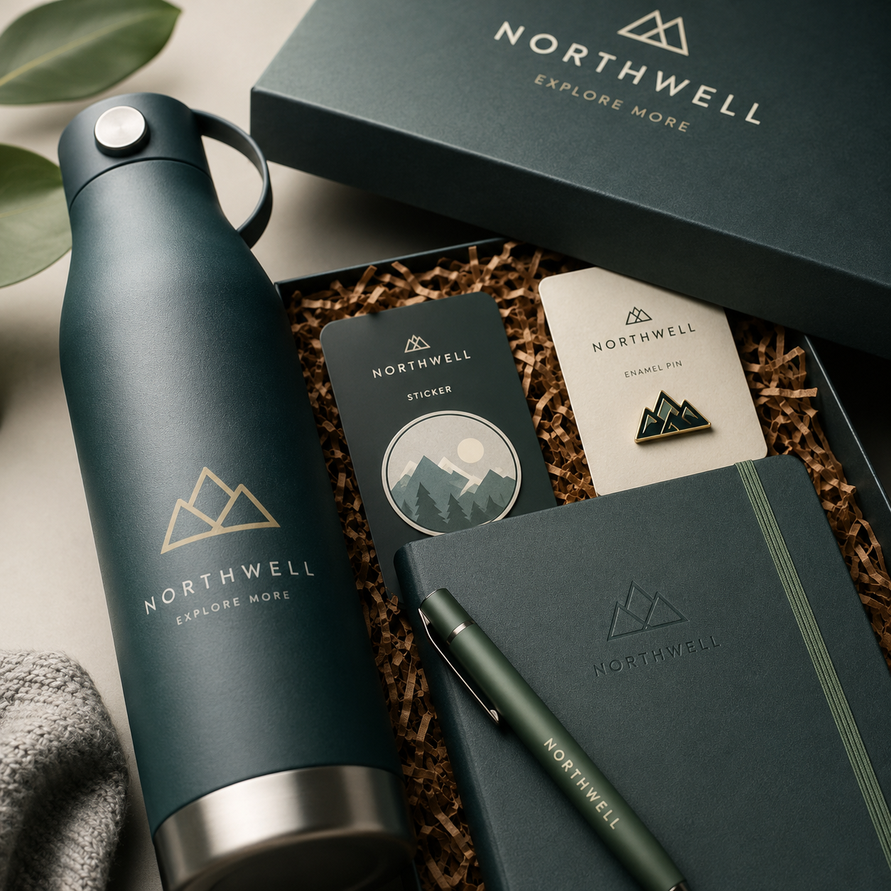 Branded merchandise and custom collateral in a kit.