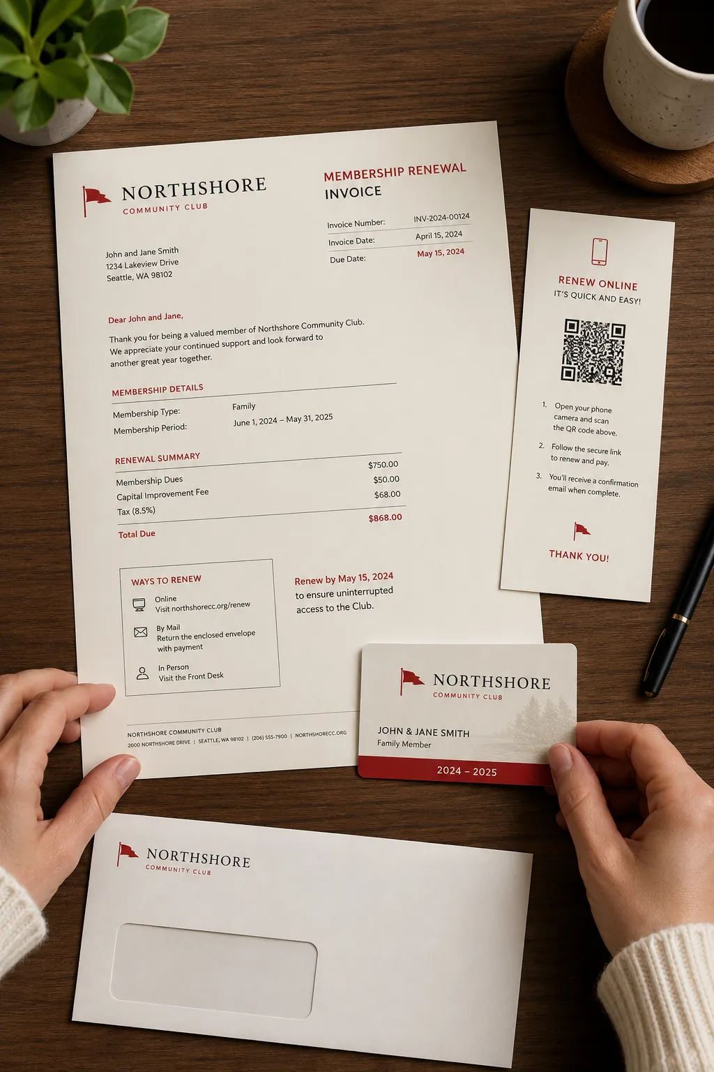 Northshore Community Club membership renewal invoice showing a personalized letter, a renewal QR code card, and a physical membership card being held.