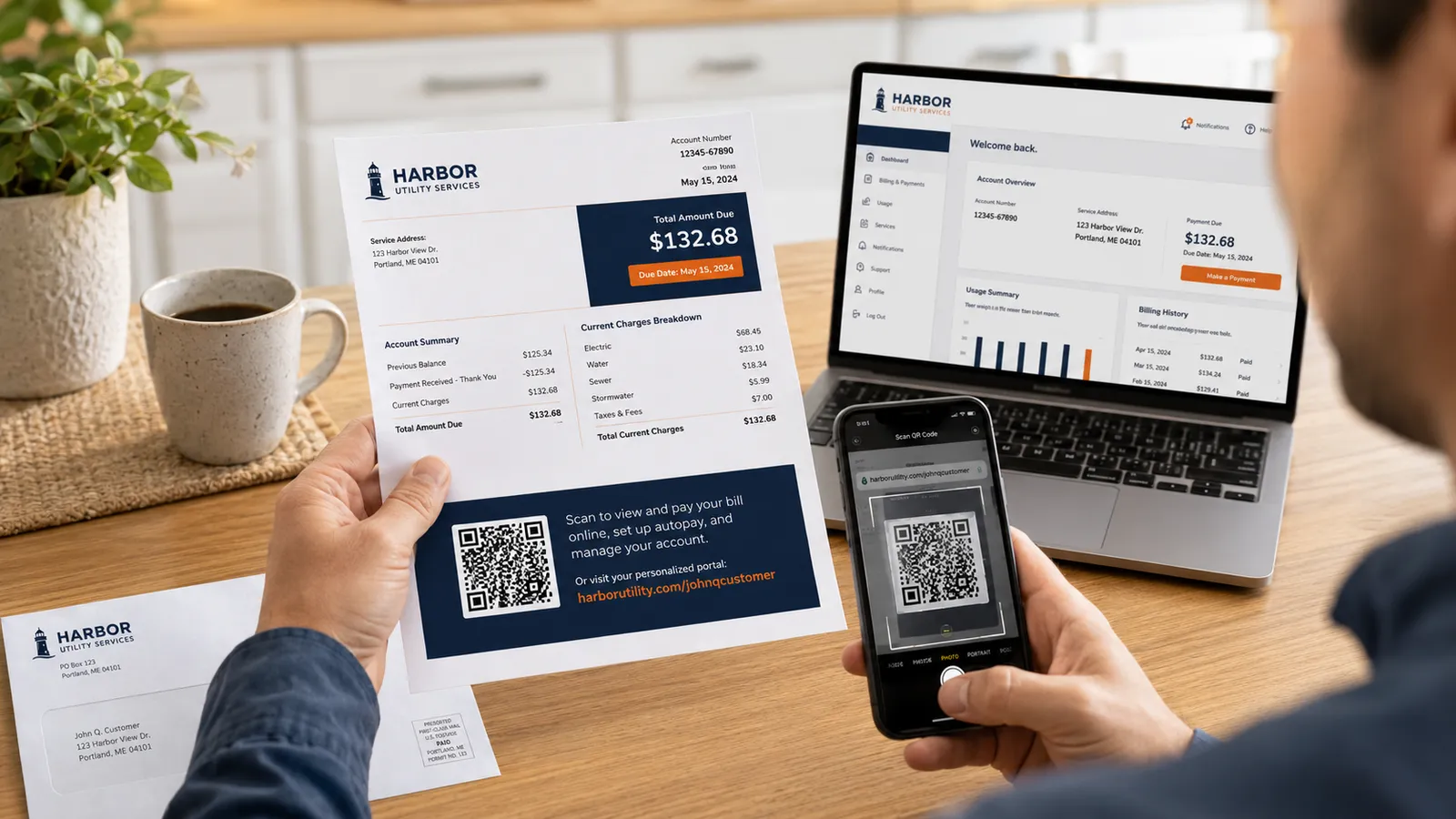 A printed brochure, laptop, and smartphone displaying a connected brand campaign.