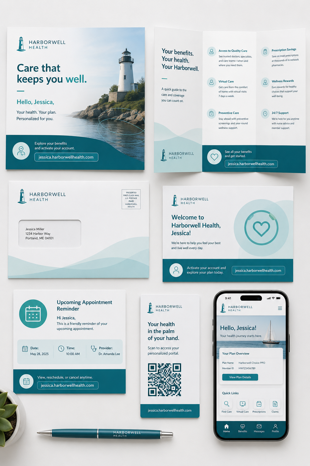Harborwell Health multi-channel program overview showing coordinated print, email, mobile, and digital touchpoints.