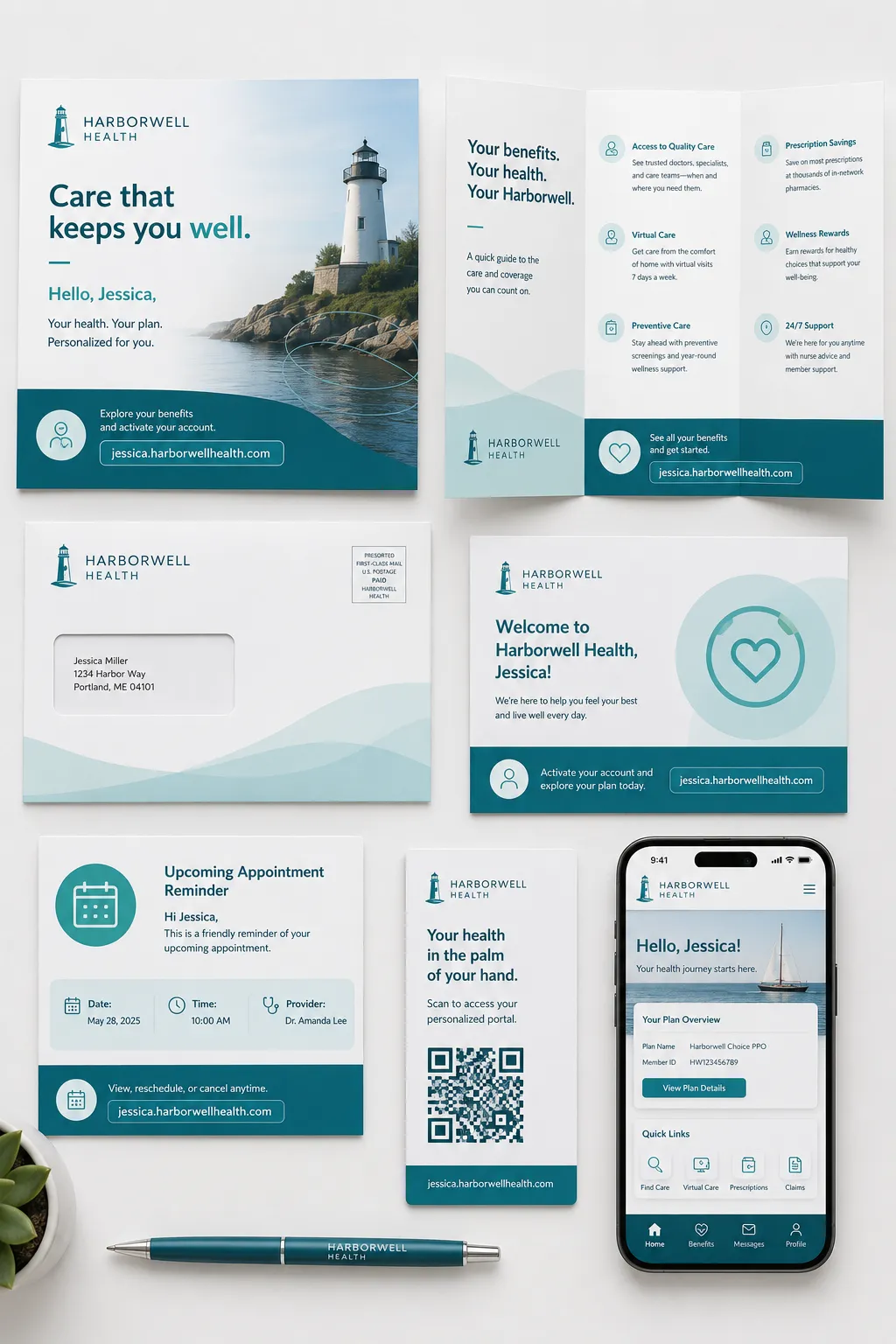 Harborwell Health multi-channel program overview showing coordinated print, email, mobile, and digital touchpoints.