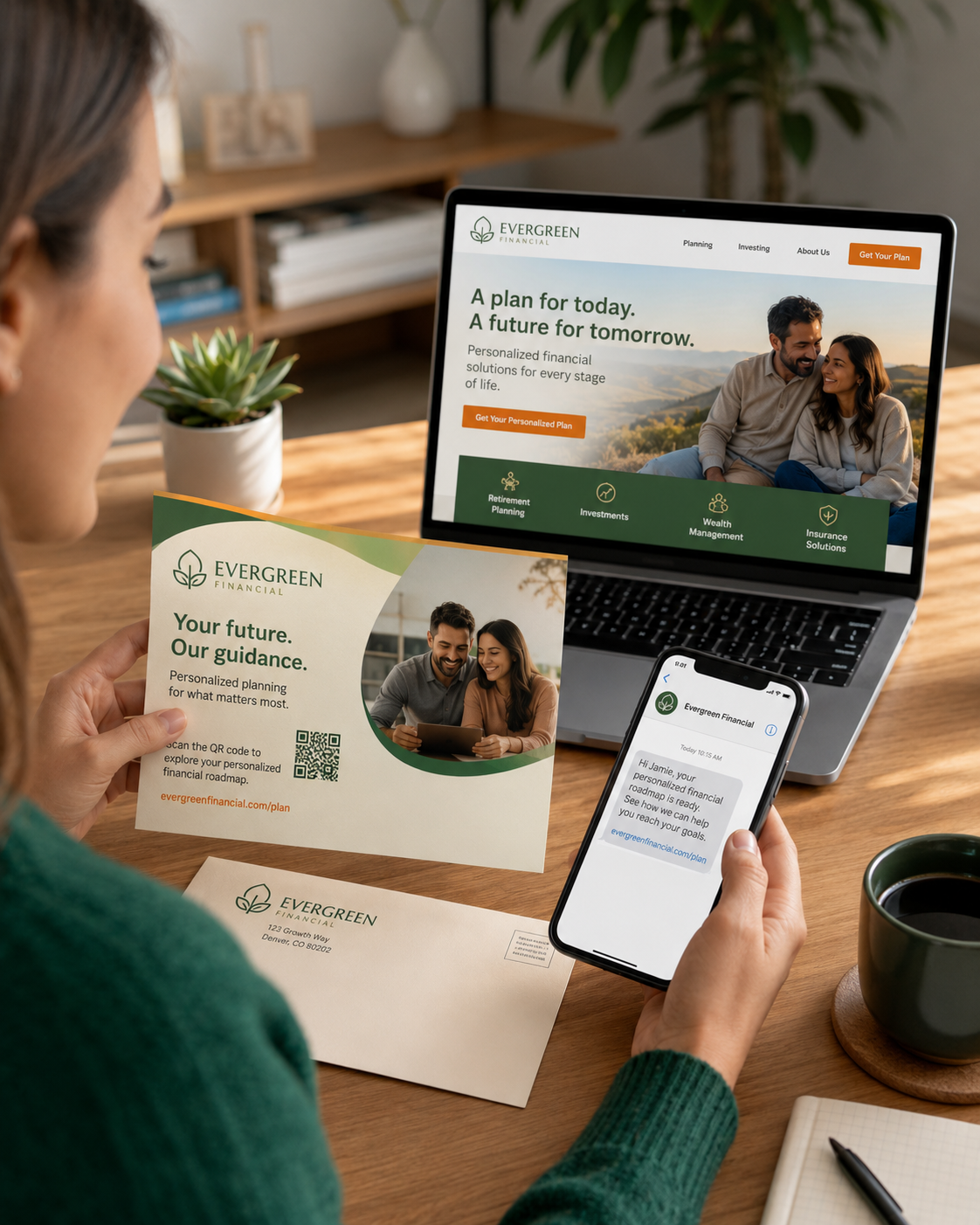 A person holding a personalized direct mail piece while looking at a matching digital experience on a laptop and smartphone.
