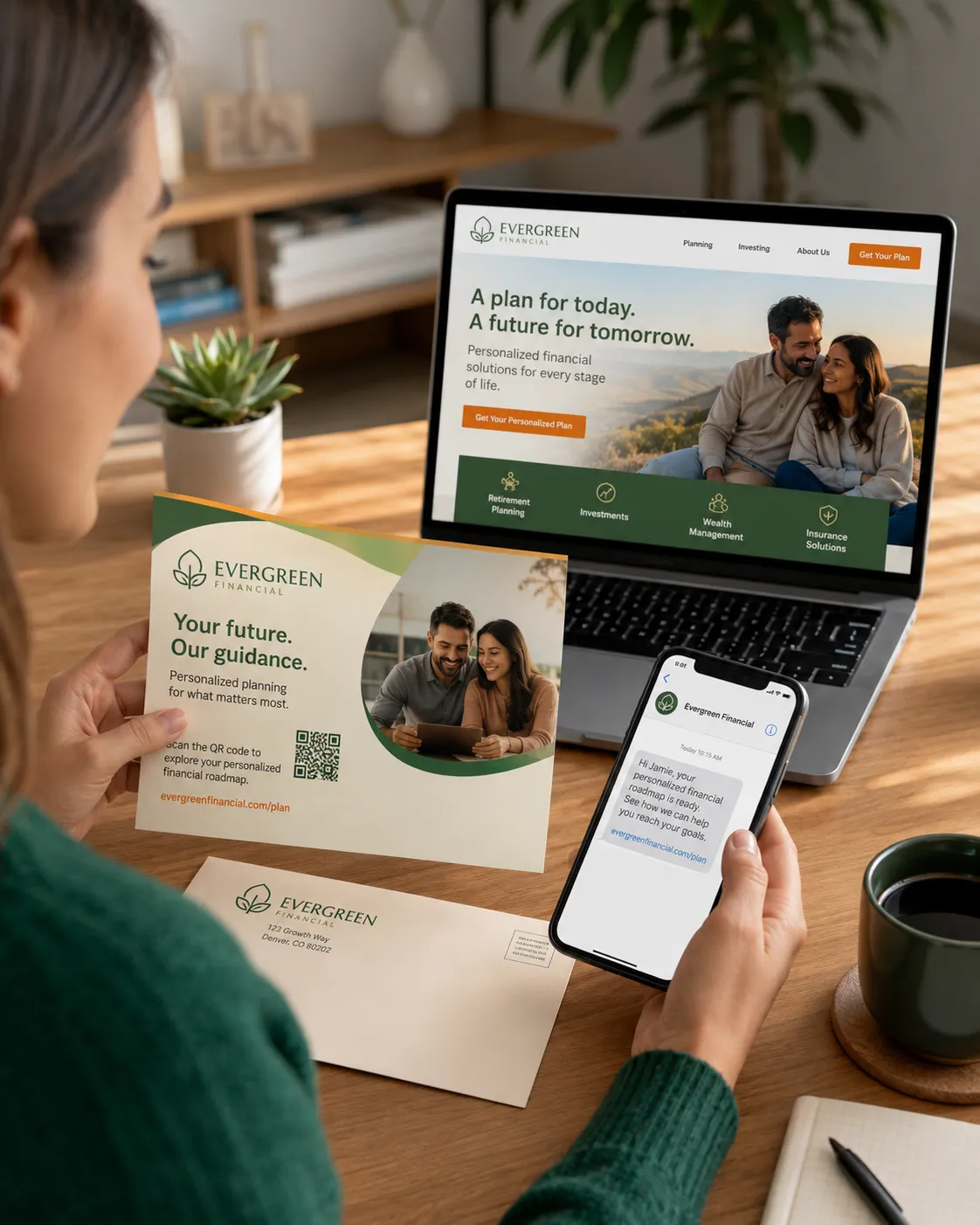 A person holding a personalized direct mail piece while looking at a matching digital experience on a laptop and smartphone.