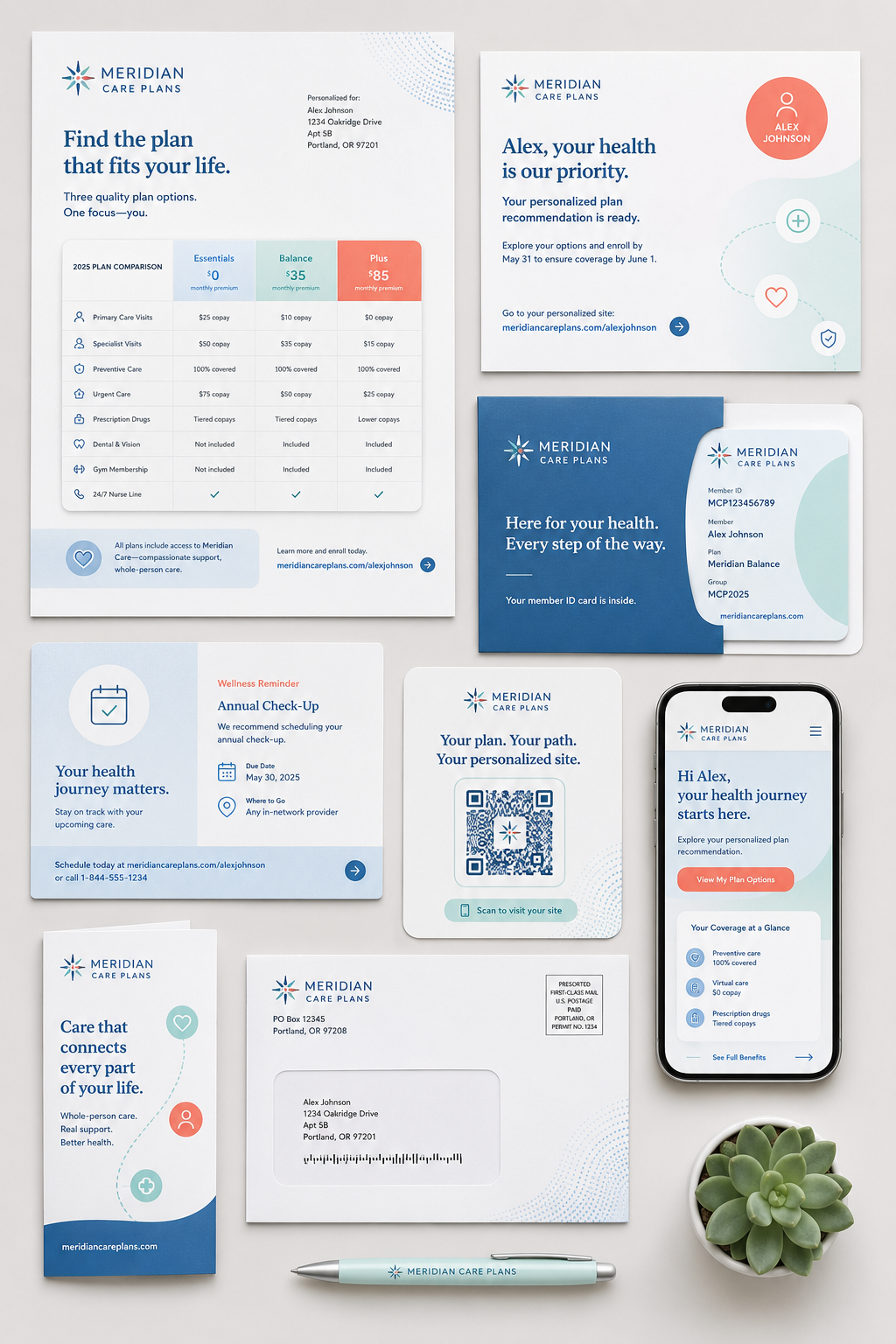 Meridian Care Plans multi-channel enrollment overview including mailers, digital portal, and mobile app samples.