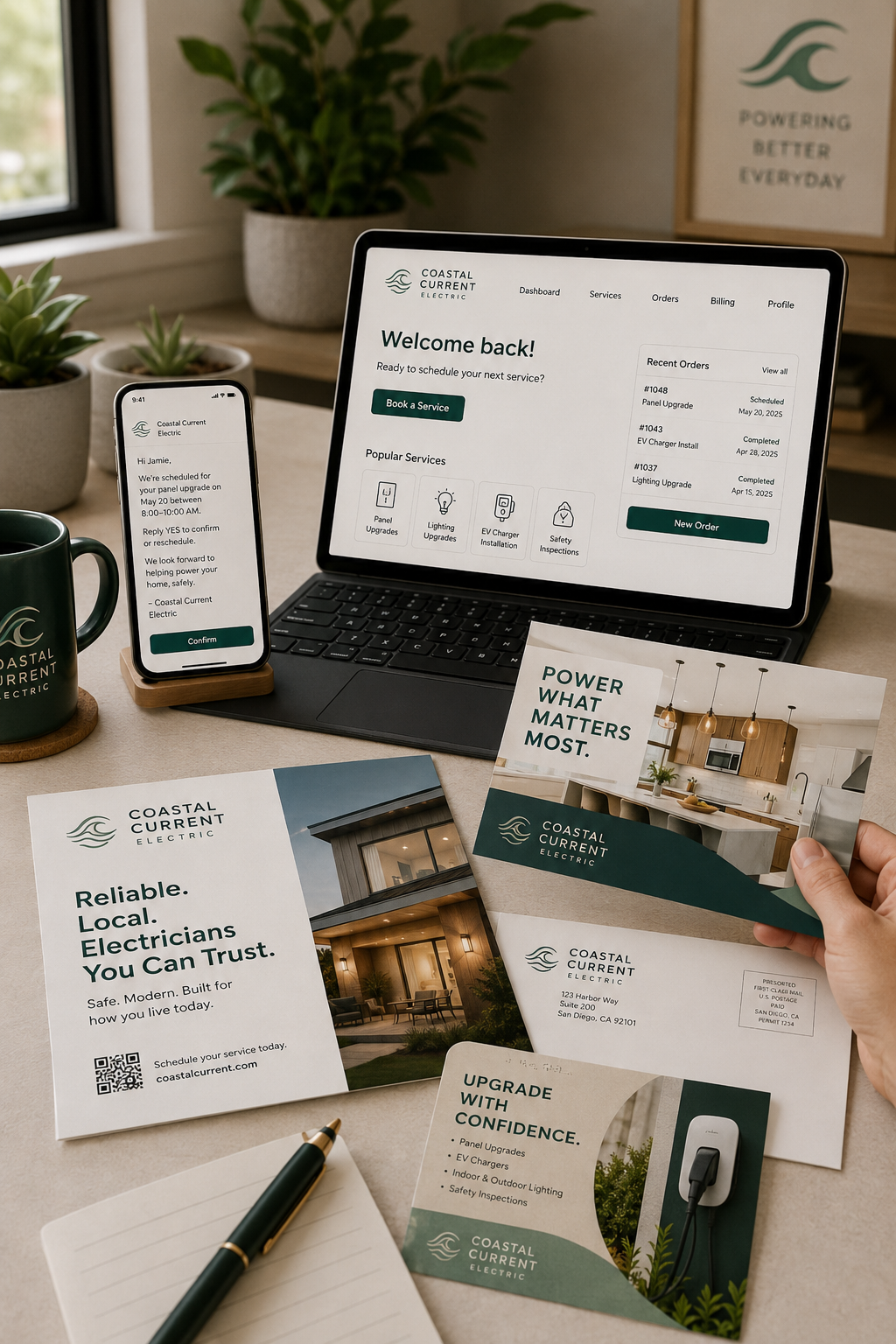 Coastal Current Electric multi-channel customer portal and service notification samples.