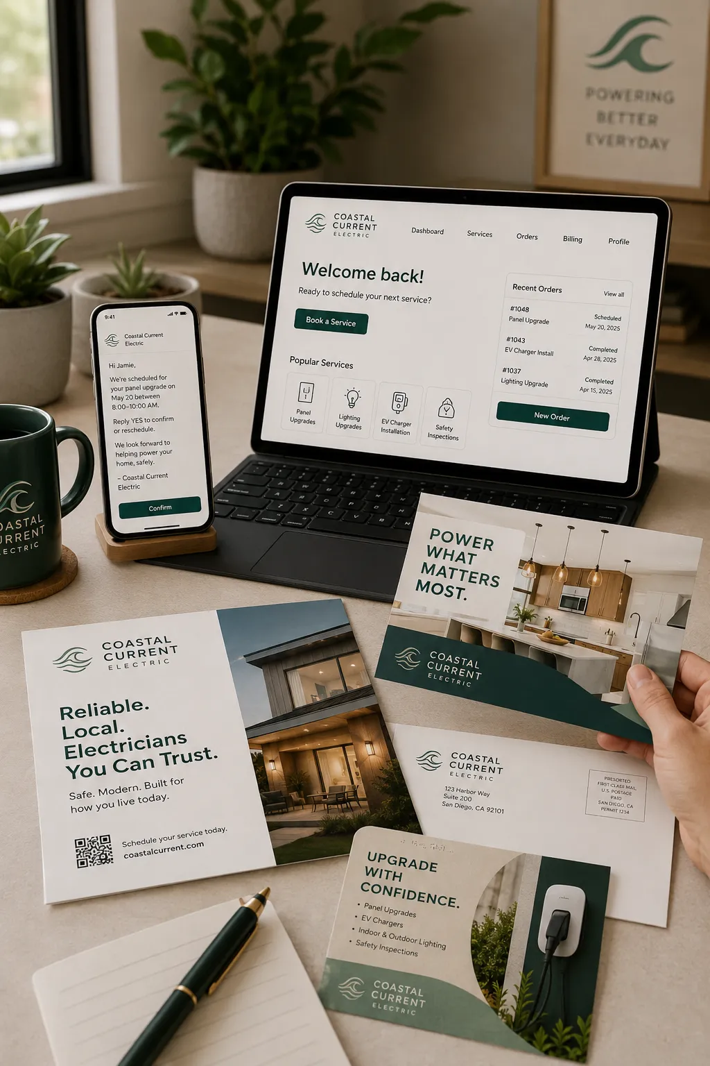 Coastal Current Electric multi-channel customer portal and service notification samples.