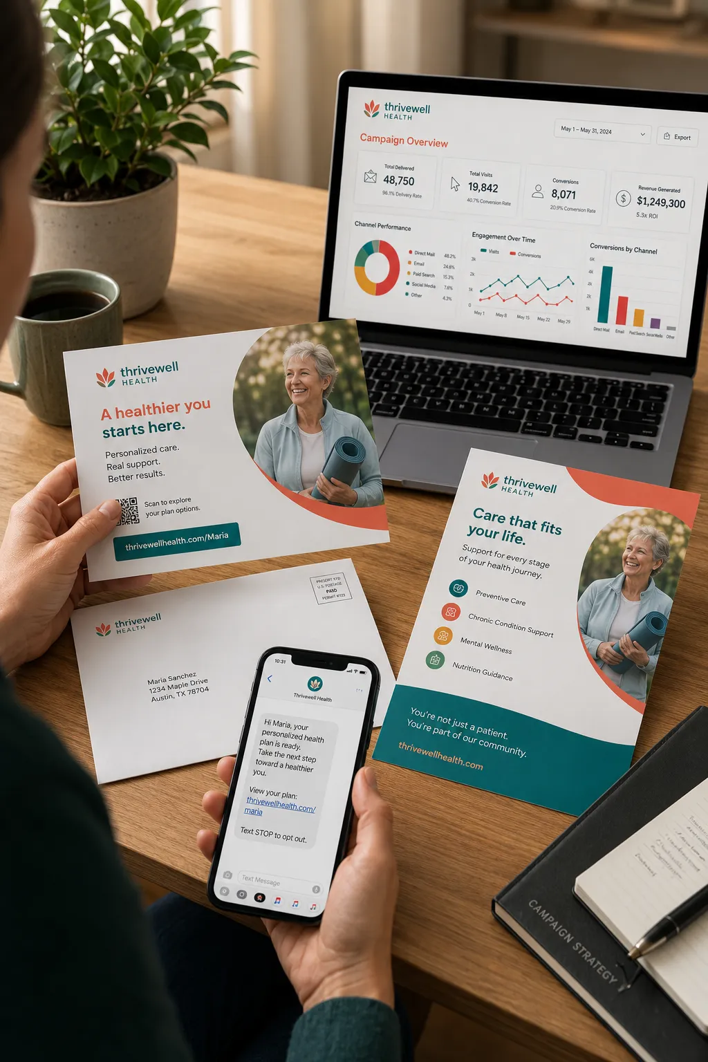 Thrivewell Health multi-channel campaign overview showing dashboard, direct mail, and SMS follow-up.
