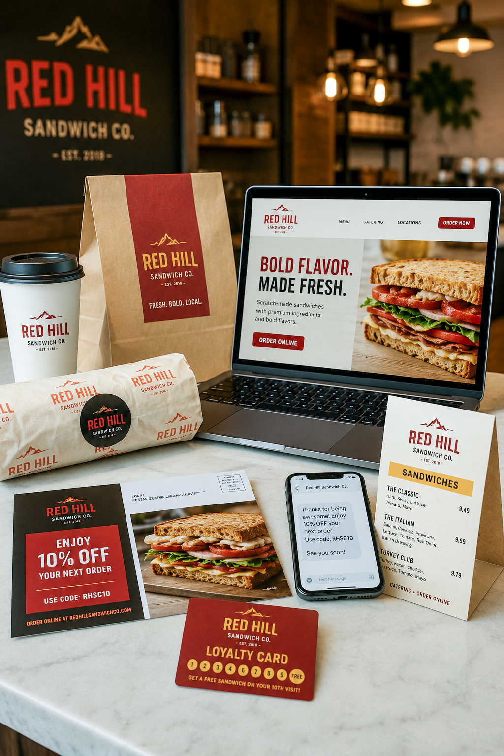 Red Hill Sandwich Co. multi-channel marketing campaign samples including laptop, mobile, direct mail, and packaging.