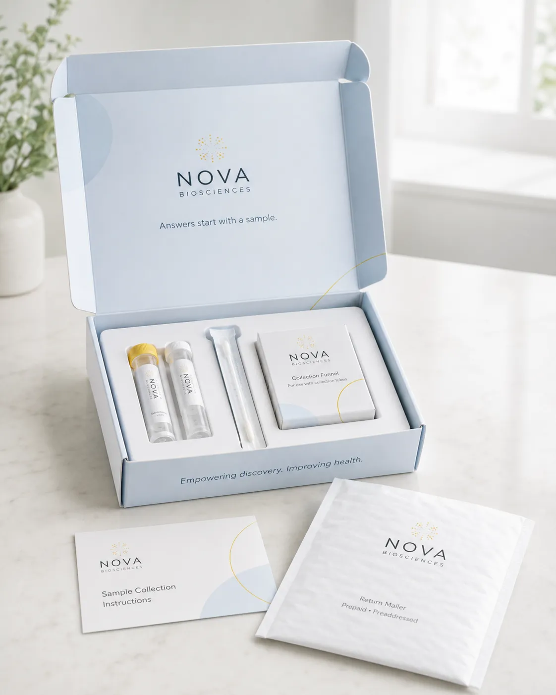 Nova Biosciences sample collection kit, showing vials, instructions, and branded packaging.