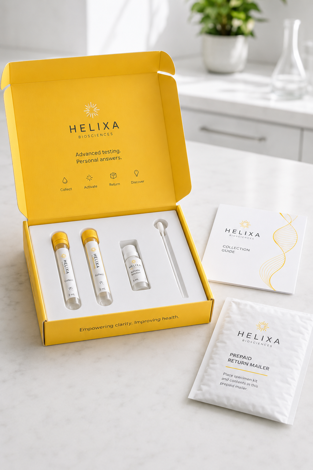 Helixa Biosciences specialized testing collection kit with custom branded packaging.