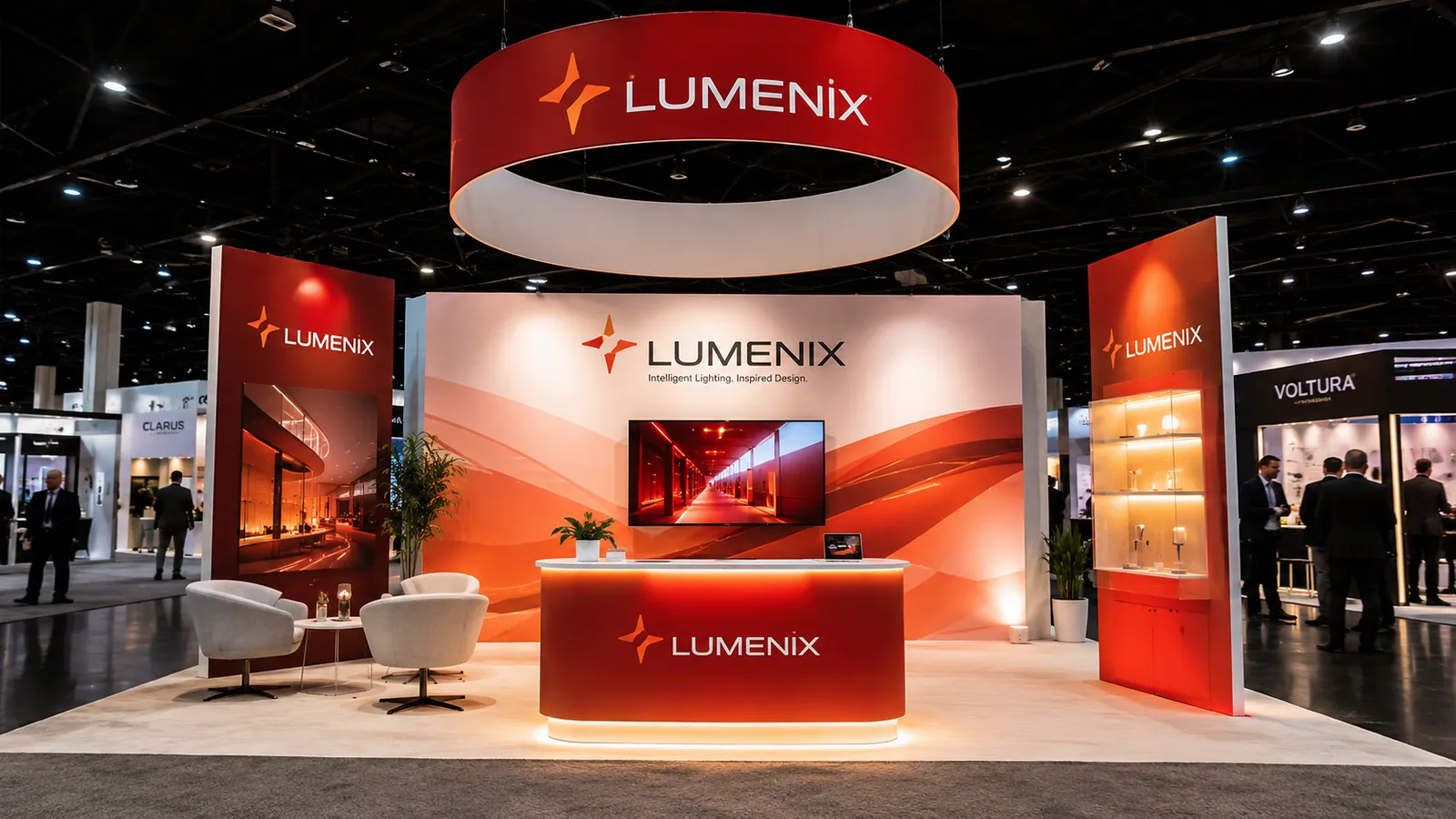 Large scale Lumenix trade show booth featuring hanging signage, digital displays, and integrated product lighting.